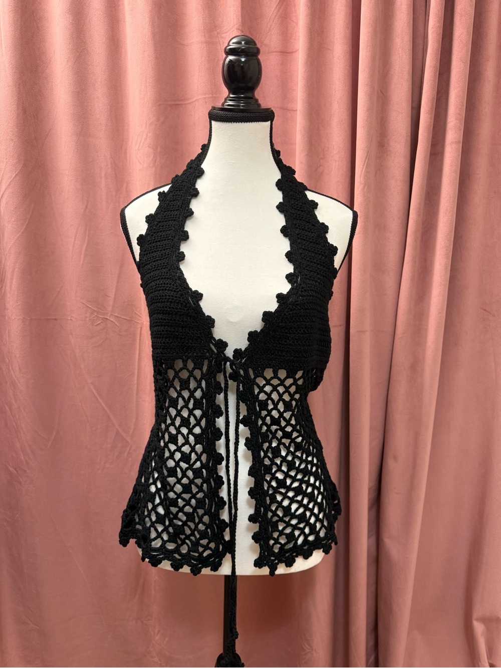 NWT VRG GRL Black Crochet Halter Tie-Front Vest